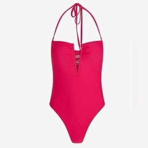 Express Fuchsia Ruched V Wire Halter One Piece Swimsuit